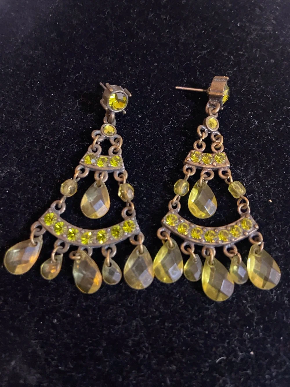 Vintage Yellow Green Teardrop Chandelier Earrings with Crystal Accents